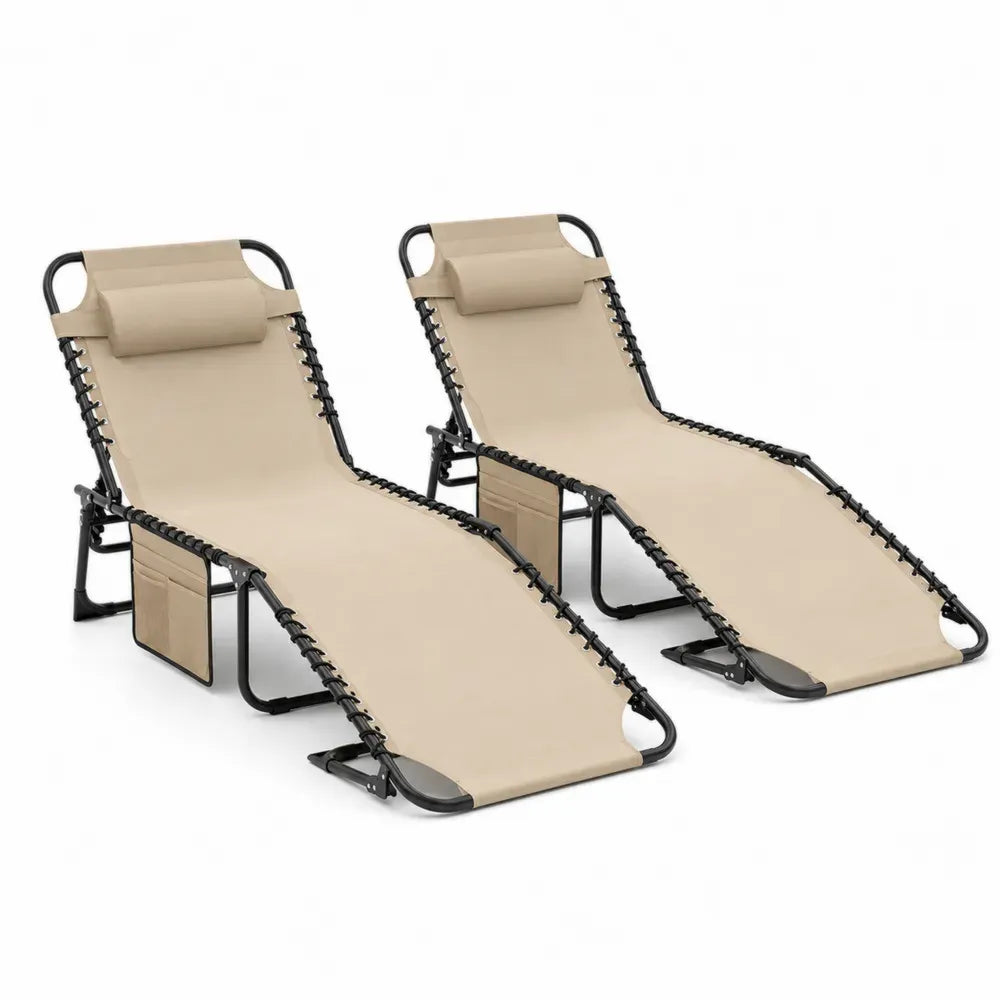 Gartenliege 2er Set verstellbar mit Kopfkissen je 160 x 65 x 110 cm Polyestergewebe Stahl Beige Schwarz