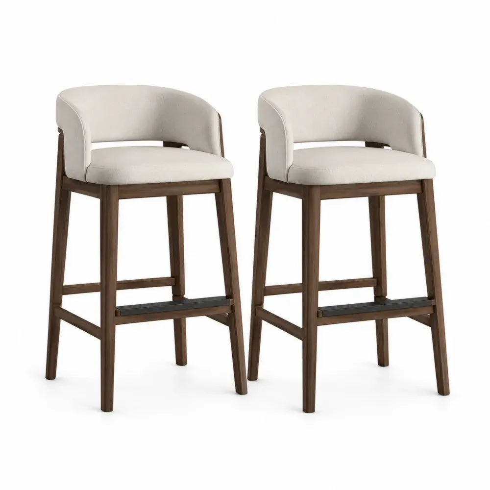 Barhocker 2er Set mit Armlehnen halbrunder Rückenlehne und Fußstrebe 54 x 55 x 95 cm Polyester Kautschukholz Stahl creme braun schwarz