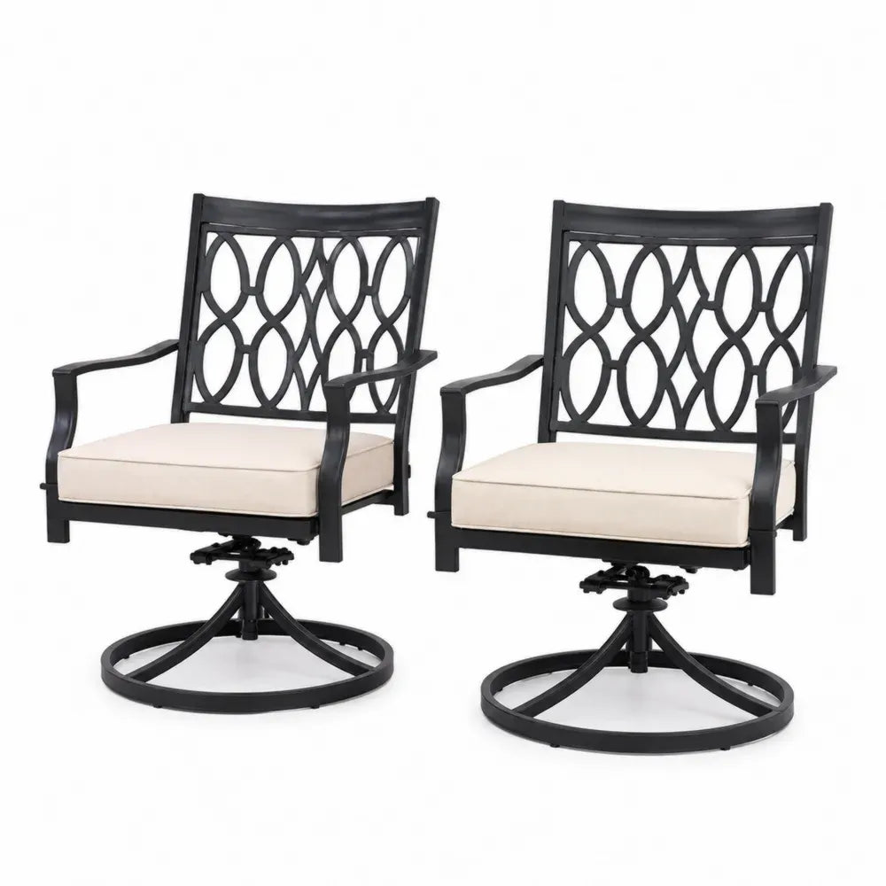 Gartenstuhl 2er Set drehbar mit Armlehnen und Sitzkissen je 63 x 67 x 94 cm Aluminiumguss Stahl Schwarz Beige