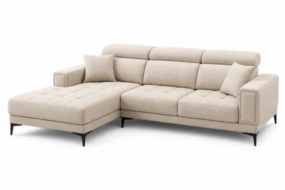 Modulares 3-Sitzer Ecksofa mit Chaiselongue links und verstellbaren Kopfstützen 275 x 165 x 92 cm Polyester Kiefernholz Sperrholz L-Form Beige Schwarz