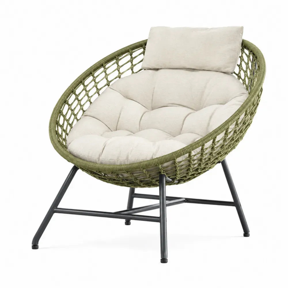 Gartenstuhl Loungesessel oval 92 x 84 x 82 cm Polypropylen Seilgeflecht Stahl Polyester Olivgrün Beige Anthrazit