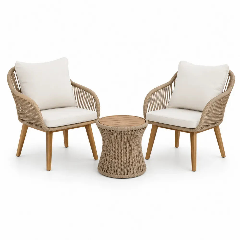 Gartenmöbel Set 3-teilig Balkonset mit 2 Sesseln und rundem Tisch PE-Rattan Akazienholz Polyester Beige Cremeweiß Braun Sessel 74 x 68 x 79 cm Tisch Ø 50 x 50 cm