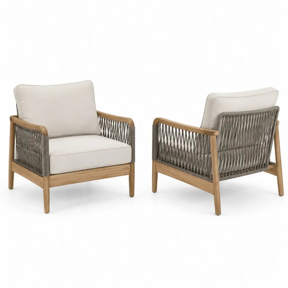 Gartensessel mit Armlehnen rechteckigem Akazienholzrahmen Rope-Geflecht Polyesterpolstern Naturbraun Grau Beige 78 x 75 x 76 cm