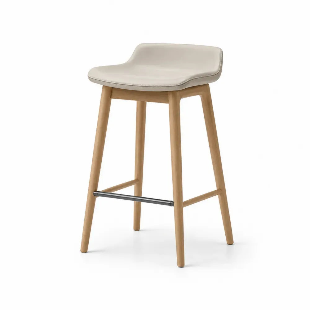 Barhocker mit niedriger Rückenlehne und rechteckiger Sitzfläche 47 x 49 x 92 cm Kautschukholz PU-Leder beige hellbraun schwarz