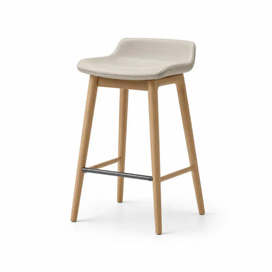 Barhocker mit niedriger Rückenlehne und rechteckiger Sitzfläche 47 x 49 x 92 cm Kautschukholz PU-Leder beige hellbraun schwarz
