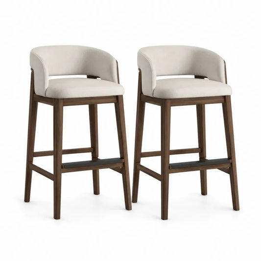 Barhocker 2er Set mit Armlehnen halbrunder Rückenlehne und Fußstrebe 54 x 55 x 95 cm Polyester Kautschukholz Stahl creme braun schwarz