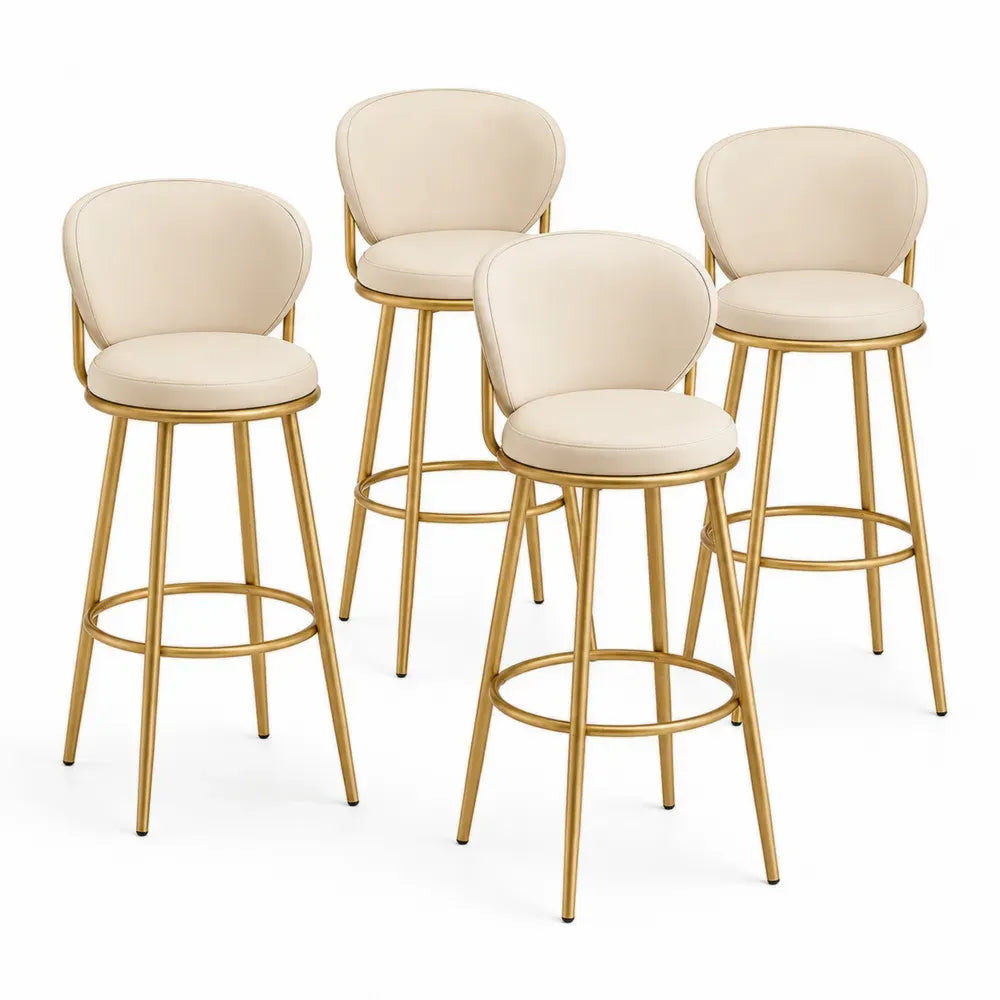 Barhocker 4er Set mit Rückenlehne und Fußstütze rund 50 x 52 x 96 cm je Hocker PU-Leder Stahl Beige Goldfarben