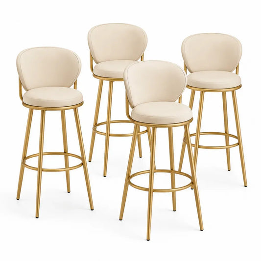 Barhocker 4er Set mit Rückenlehne und Fußstütze rund 50 x 52 x 96 cm je Hocker PU-Leder Stahl Beige Goldfarben