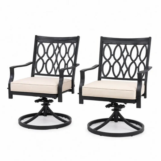Gartenstuhl 2er Set drehbar mit Armlehnen und Sitzkissen je 63 x 67 x 94 cm Aluminiumguss Stahl Schwarz Beige