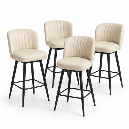 Barhocker 4er Set mit halbrunder Rückenlehne und Fußstütze 48 x 52 x 98 cm PU-Leder Stahl creme schwarz