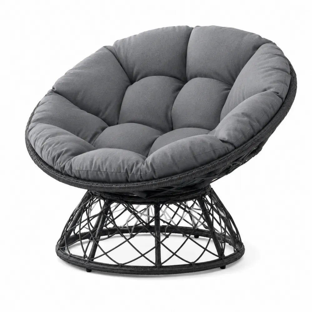 Papasan Gartenstuhl rund 110 x 100 x 85 cm PE-Rattan Stahl Polyester Grau Schwarz