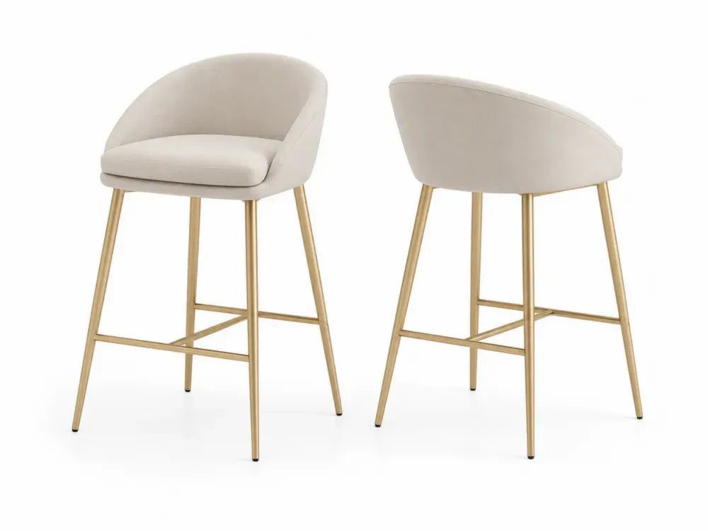 Barhocker 2er Set mit Rückenlehne und Fußstütze halbrund 54 x 52 x 94 cm je Hocker Polyestergewebe Stahl Beige Goldfarben