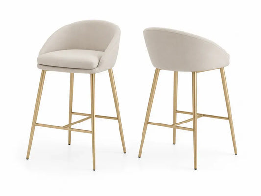 Barhocker 2er Set mit Rückenlehne und Fußstütze halbrund 54 x 52 x 94 cm je Hocker Polyestergewebe Stahl Beige Goldfarben