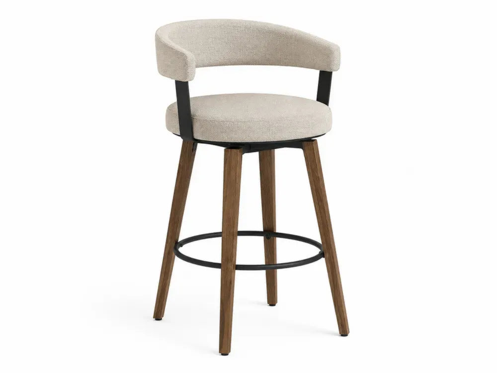 Barhocker drehbar mit Armlehnen und rundem Fußring 56 x 54 x 93 cm Polyester Kautschukholz Stahl beige braun schwarz