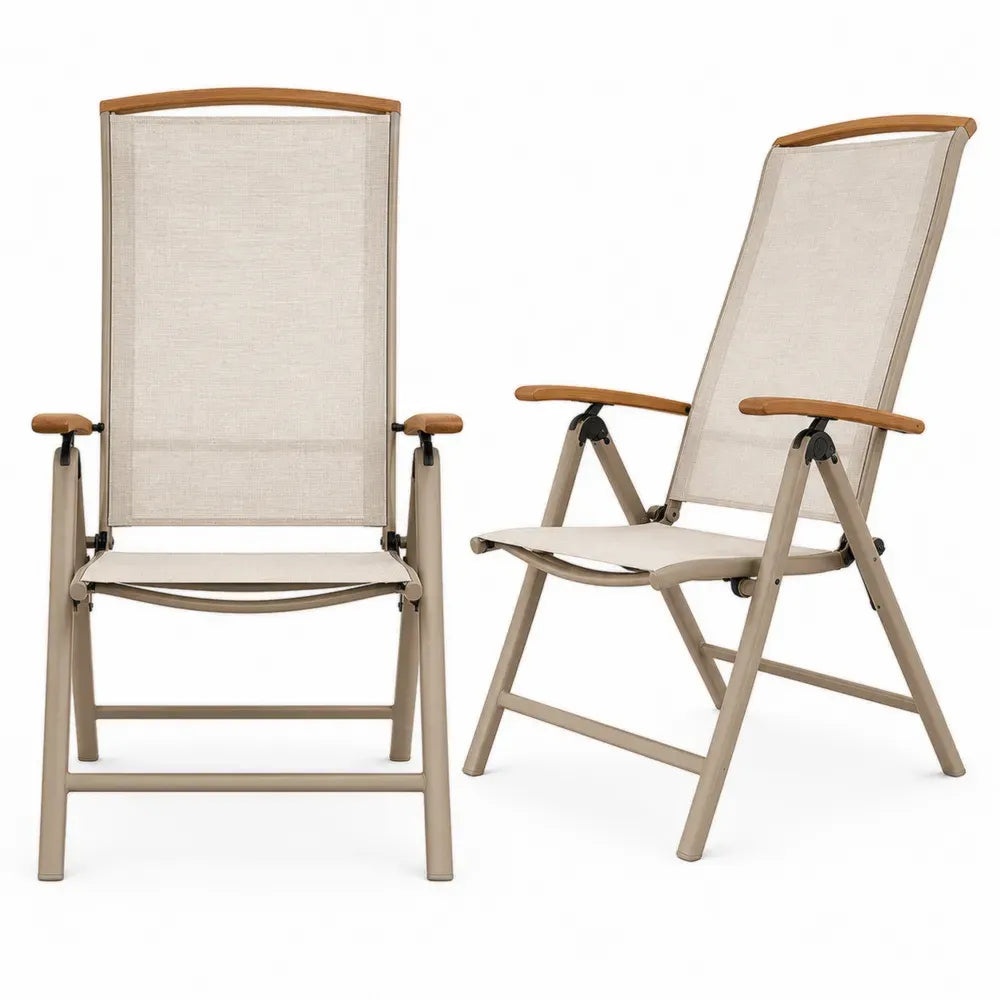 Gartenstuhl 2er Set Hochlehner klappbar verstellbar mit rechteckiger Sitzfläche Aluminiumrahmen PVC beschichtetem Polyestergewebe Beige Taupe Braun je 60 x 70 x 110 cm