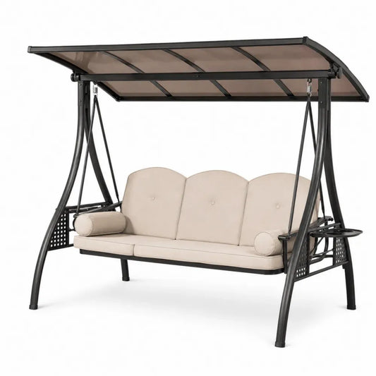 Hollywoodschaukel 3 Sitzer mit Polycarbonatdach seitlichen Ablagen Stahlrahmen Polyesterpolstern Beige Schwarz Braun 232 x 126 x 178 cm