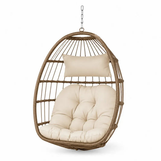 Hängesessel ohne Gestell mit Kissen Eiform PE Rattan Stahlrahmen Polyesterpolster Braun Creme 95 x 70 x 125 cm