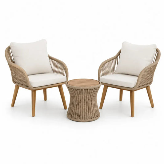 Gartenmöbel Set 3-teilig Balkonset mit 2 Sesseln und rundem Tisch PE-Rattan Akazienholz Polyester Beige Cremeweiß Braun Sessel 74 x 68 x 79 cm Tisch Ø 50 x 50 cm