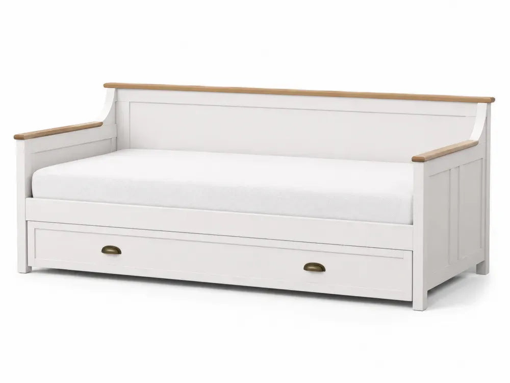 Tagesbett mit Stauraumschublade und Matratze rechteckig 209 x 98 x 85 cm MDF Kiefer Weiß Eichefarben
