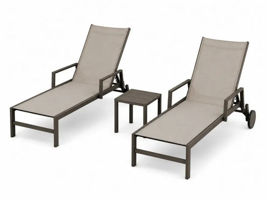 Sonnenliegen 2er Set mit quadratischem Beistelltisch verstellbar Aluminiumgestell PVC beschichtetem Polyestergewebe Taupe Dunkelgrau Liege 195 x 64 x 93 cm Tisch 40 x 40 x 40 cm