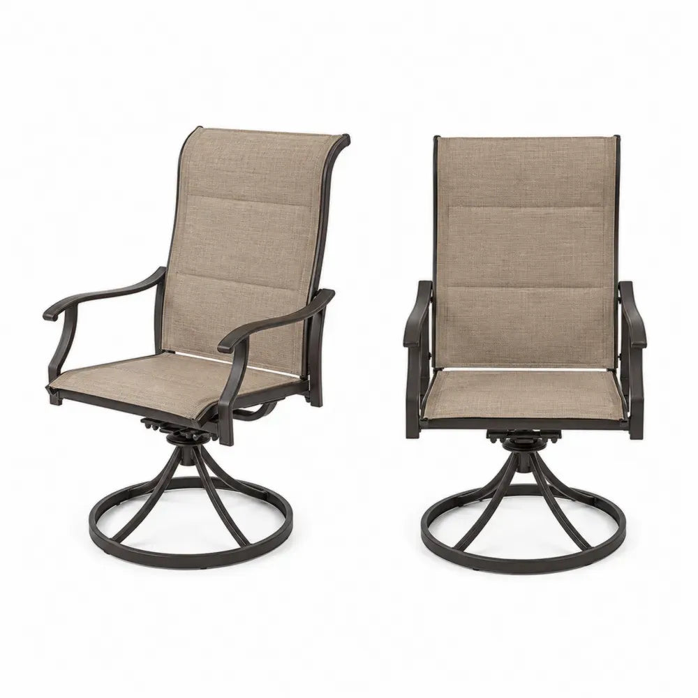 2er Set Gartenstühle Drehsessel Hochlehner mit Armlehnen rundem Standfuß Stahlrahmen PVC beschichtetem Polyestergewebe Beige Anthrazit 62 x 70 x 100 cm