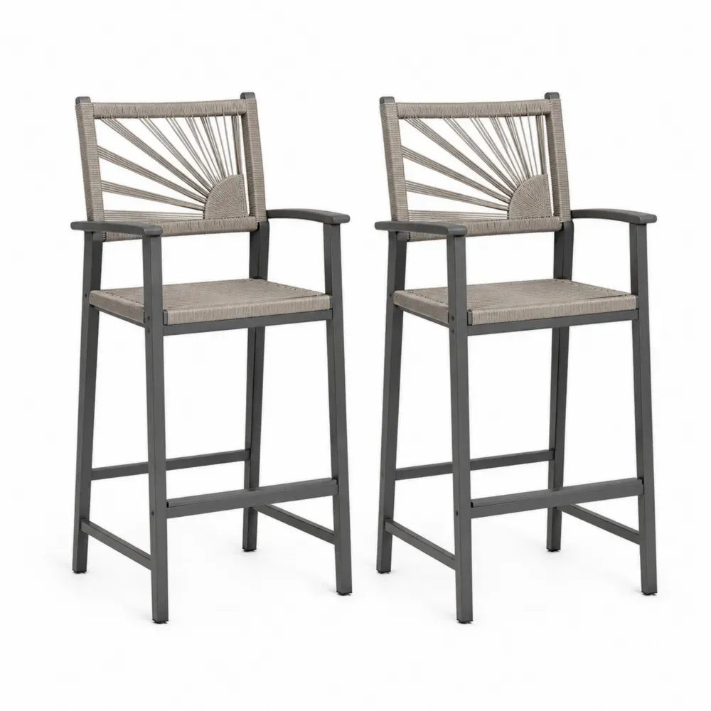 Barhocker 2er Set mit Armlehnen und Seilgeflecht 56 x 58 x 114 cm Aluminium Polypropylen taupe dunkelgrau schwarz