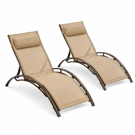 Sonnenliegen 2er Set verstellbar mit Kopfkissen geschwungenem Stahlrahmen PVC beschichtetem Polyestergewebe Beige Braun 160 x 63 x 86 cm
